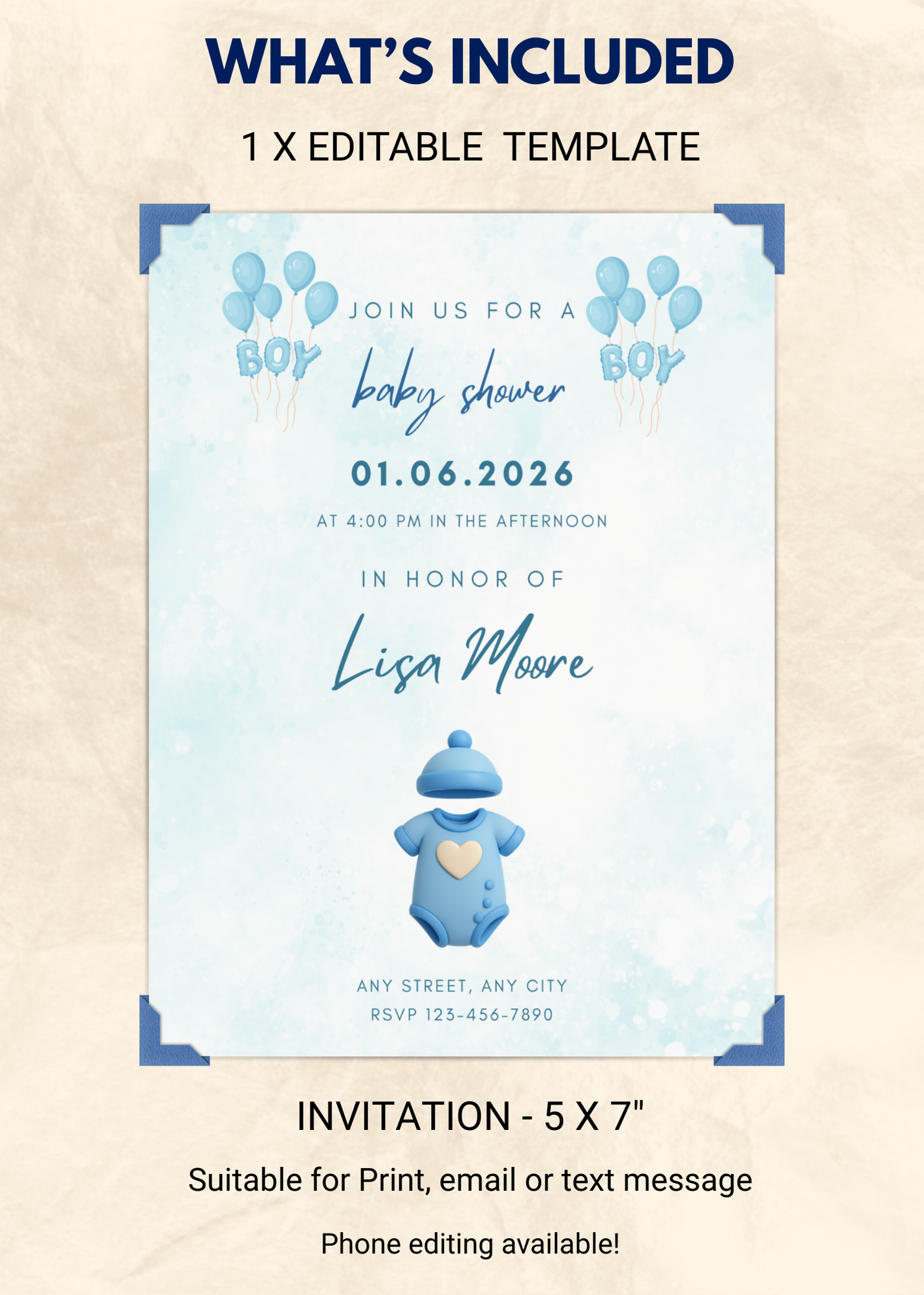 Boy Baby Shower Editable Invitation (Portrait)