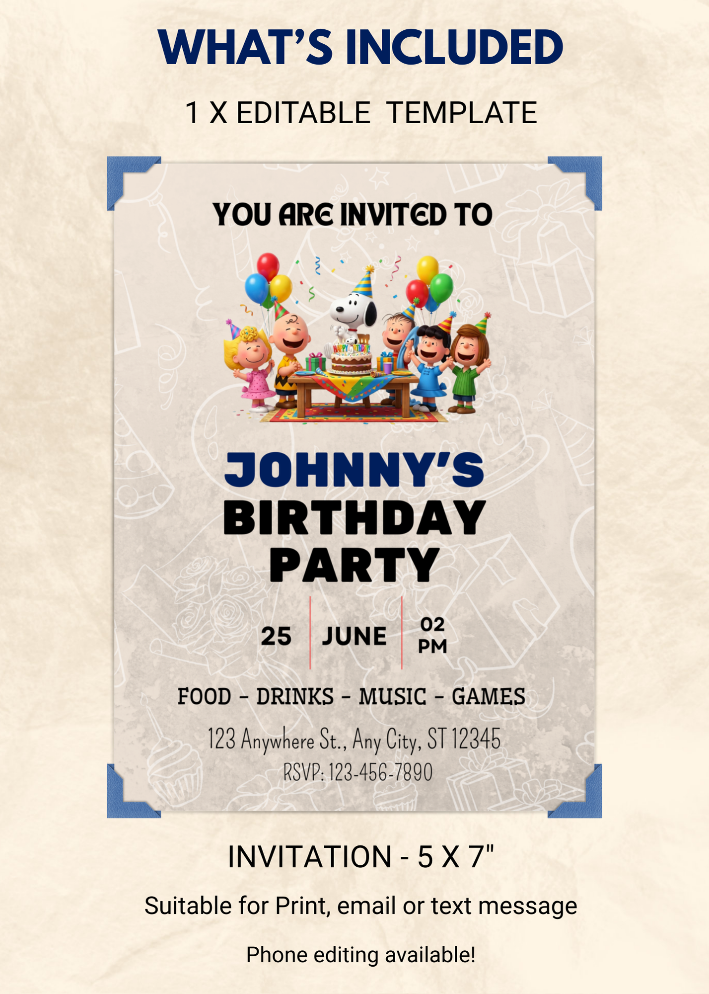 Peanuts Gang Birthday Editable Invitation (Portrait)