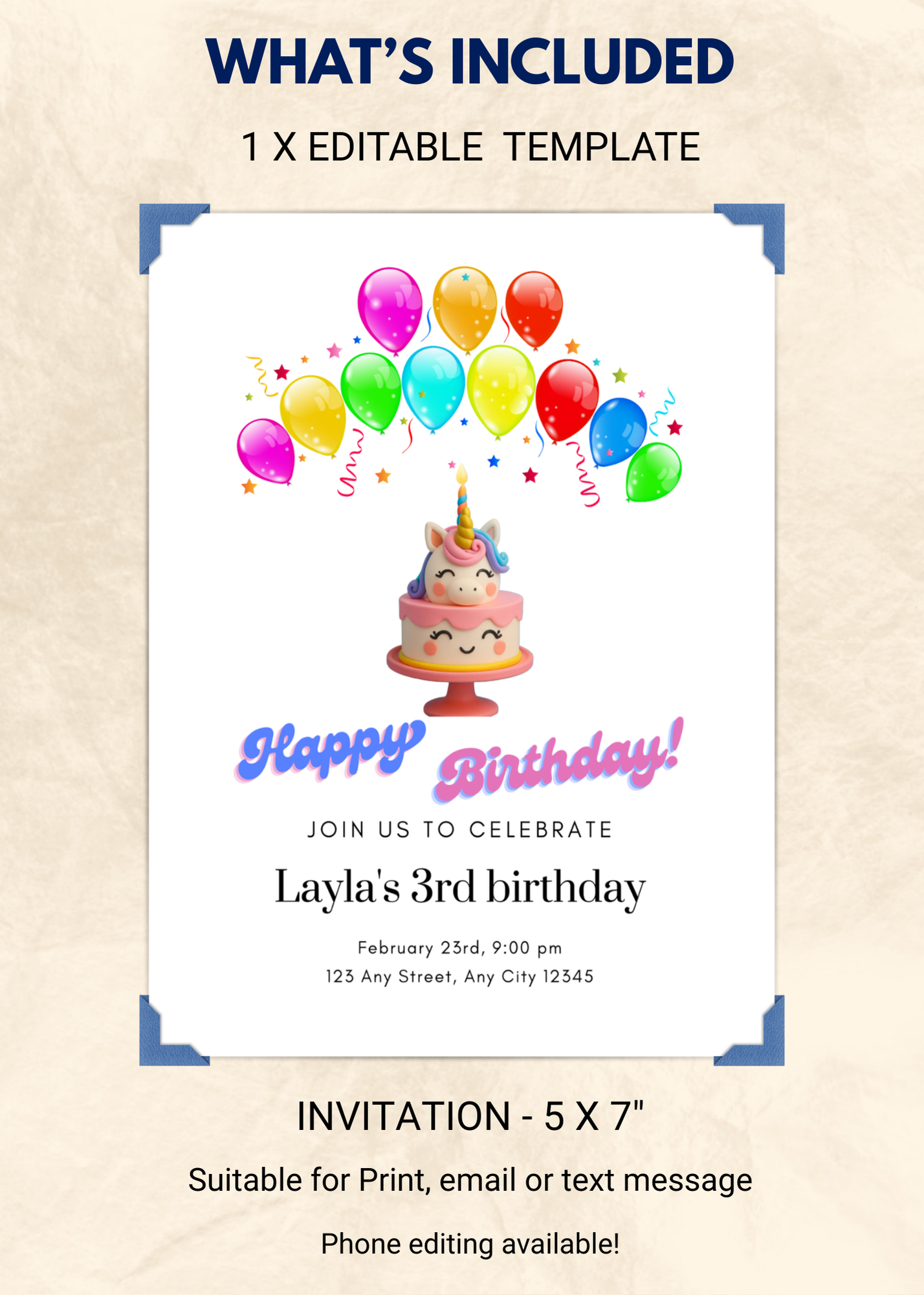 Unicorn Editable Birthday Invitation (Portrait)