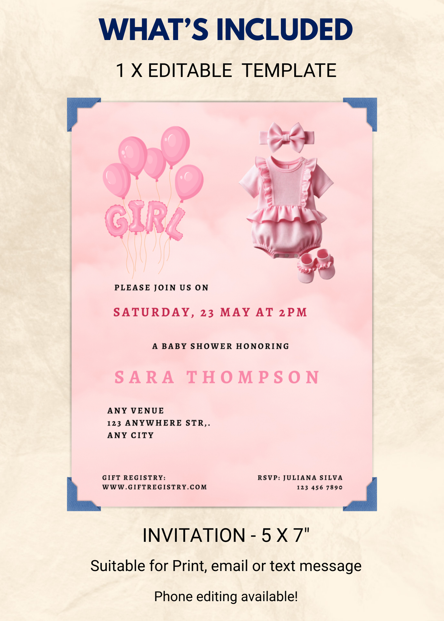 Girl Baby Shower Editable Invitation (Portrait)
