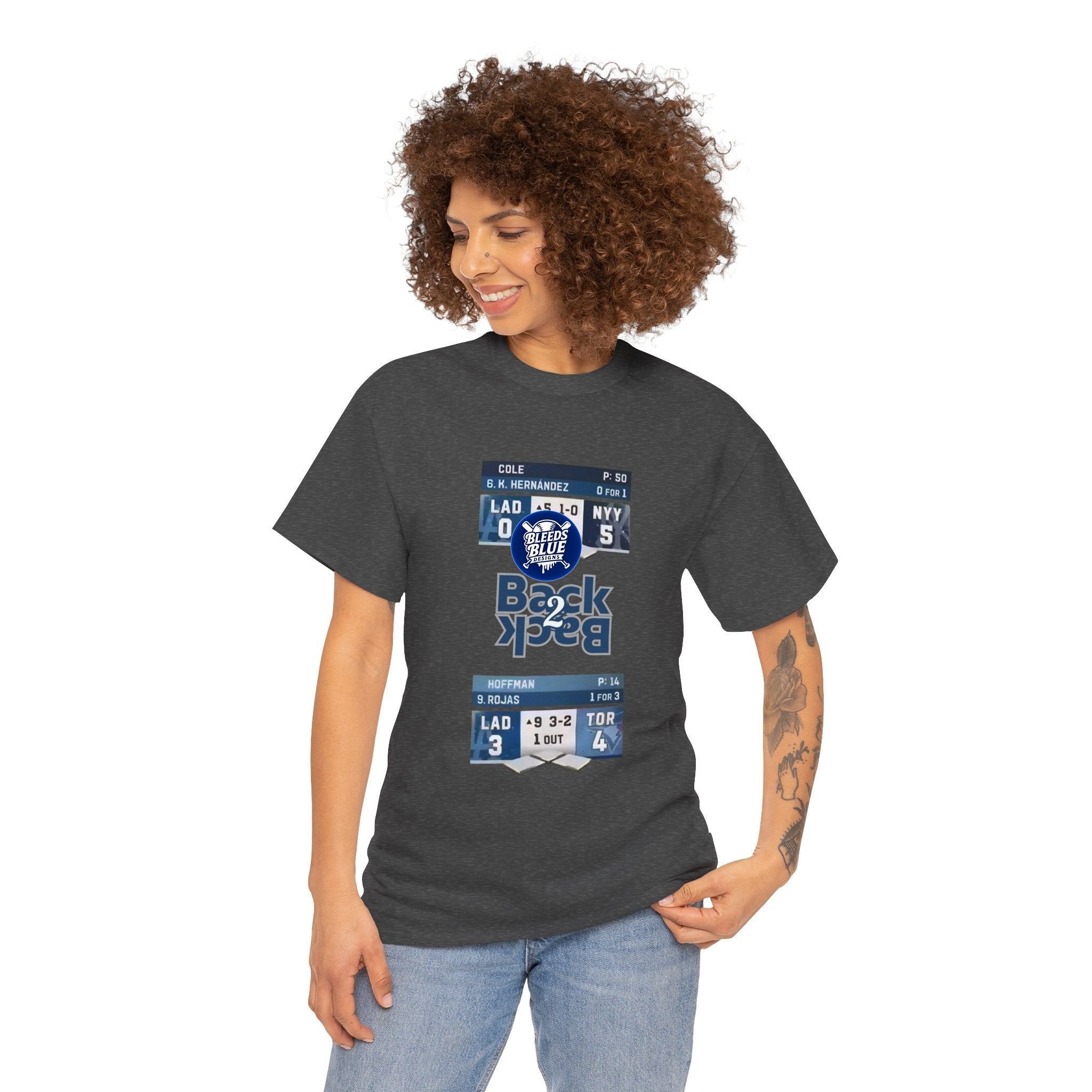 Woman wearing a dark gray t-shirt with a sports scoreboard design on a white background