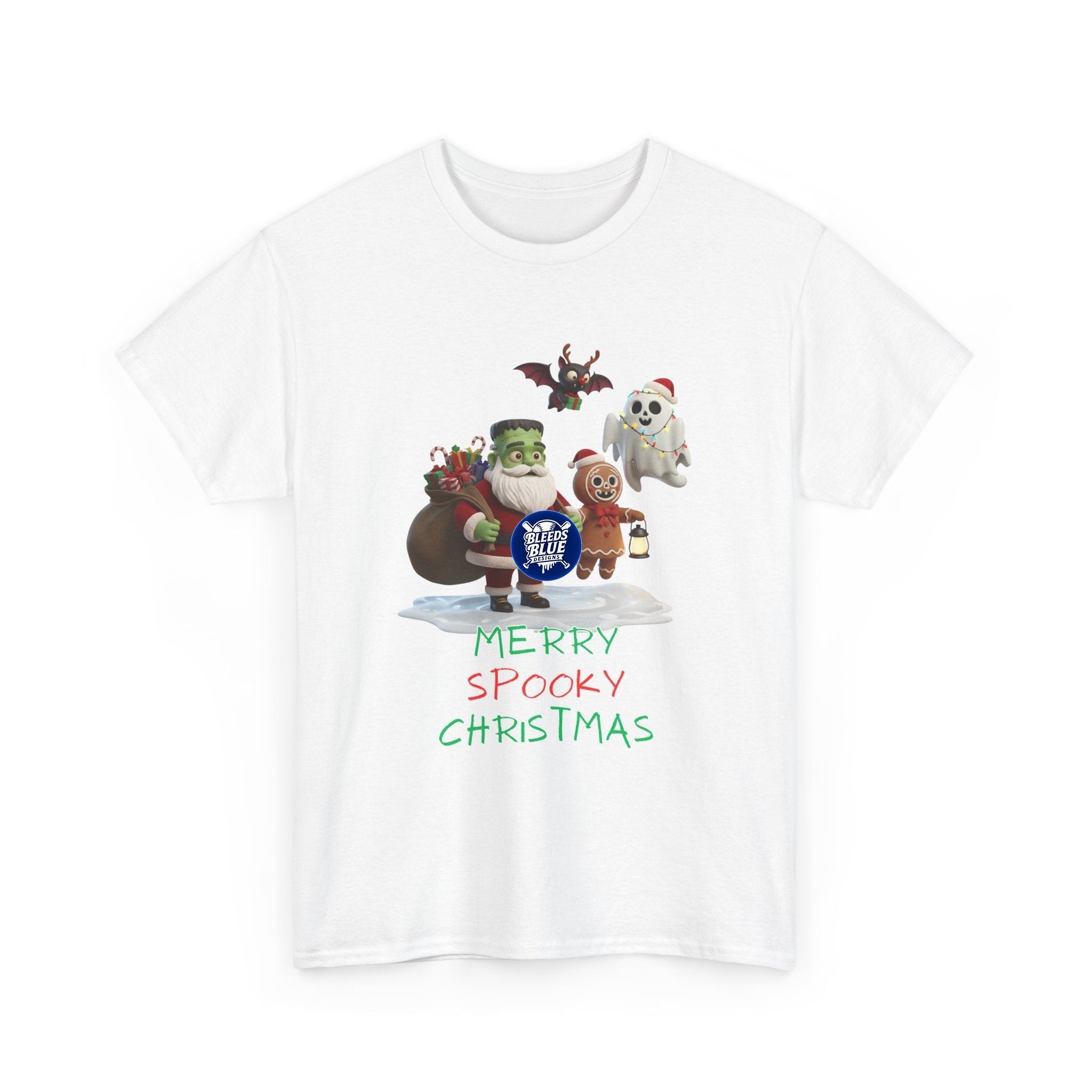Holiday Merry Spooky Characters Christmas Tee Shirt - Unisex Heavy Cotton Casual Fit