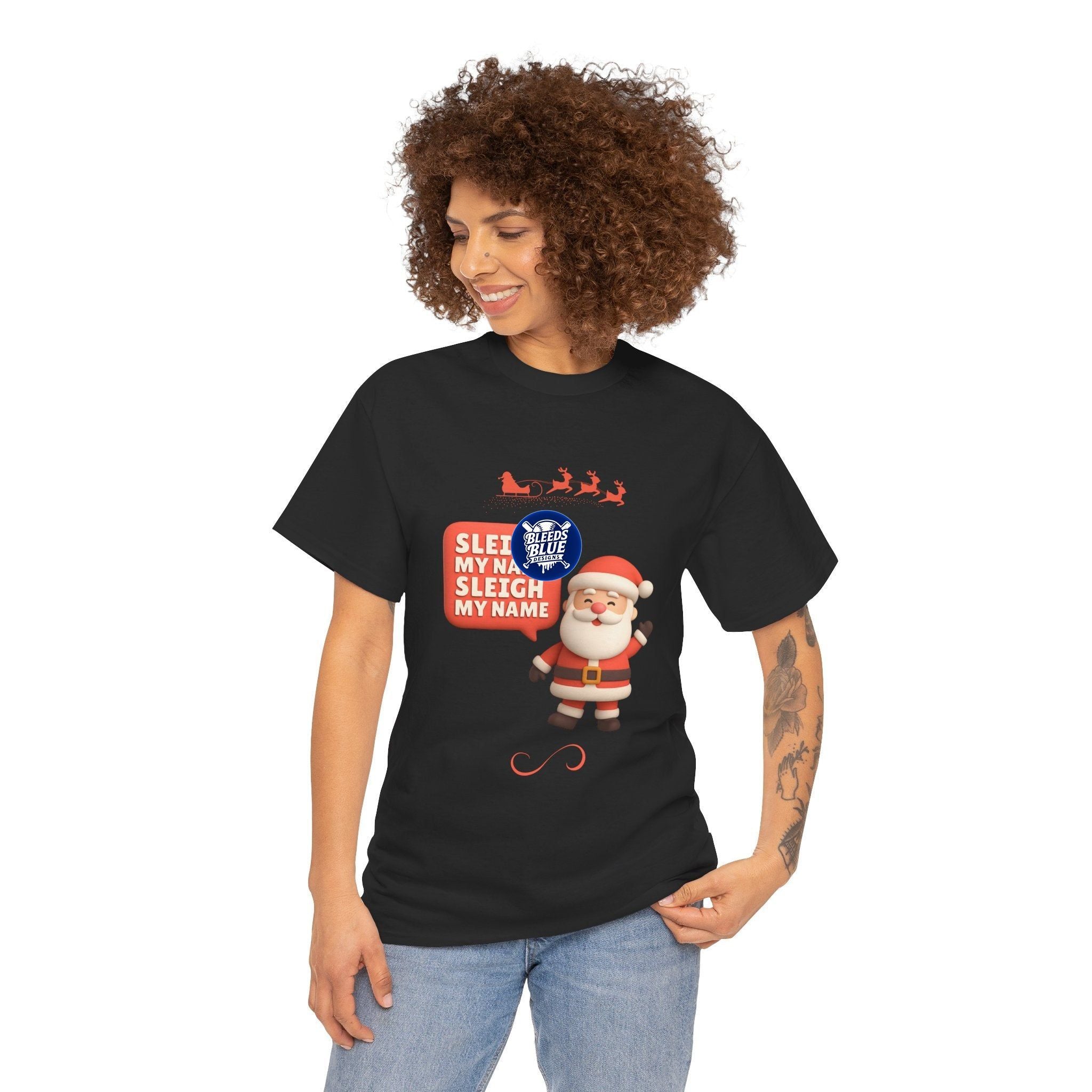 Holiday Santa Sleigh My Name Tee Shirt - Unisex Heavy Cotton Casual Fit