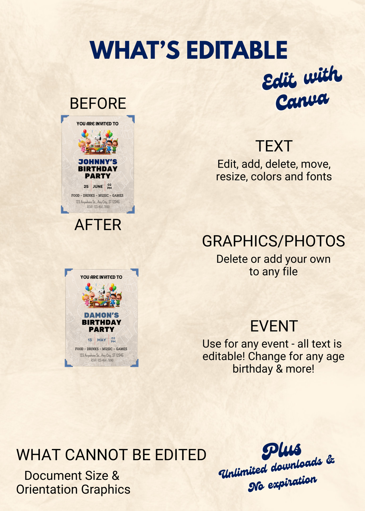 Peanuts Gang Birthday Editable Invitation (Portrait)