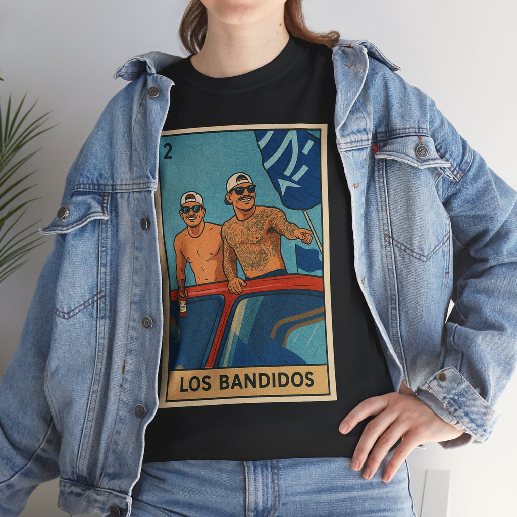Kike and Banda Los Bandidos Loteria Card Tee Shirt - Unisex Heavy Cotton Tee Casual Fit