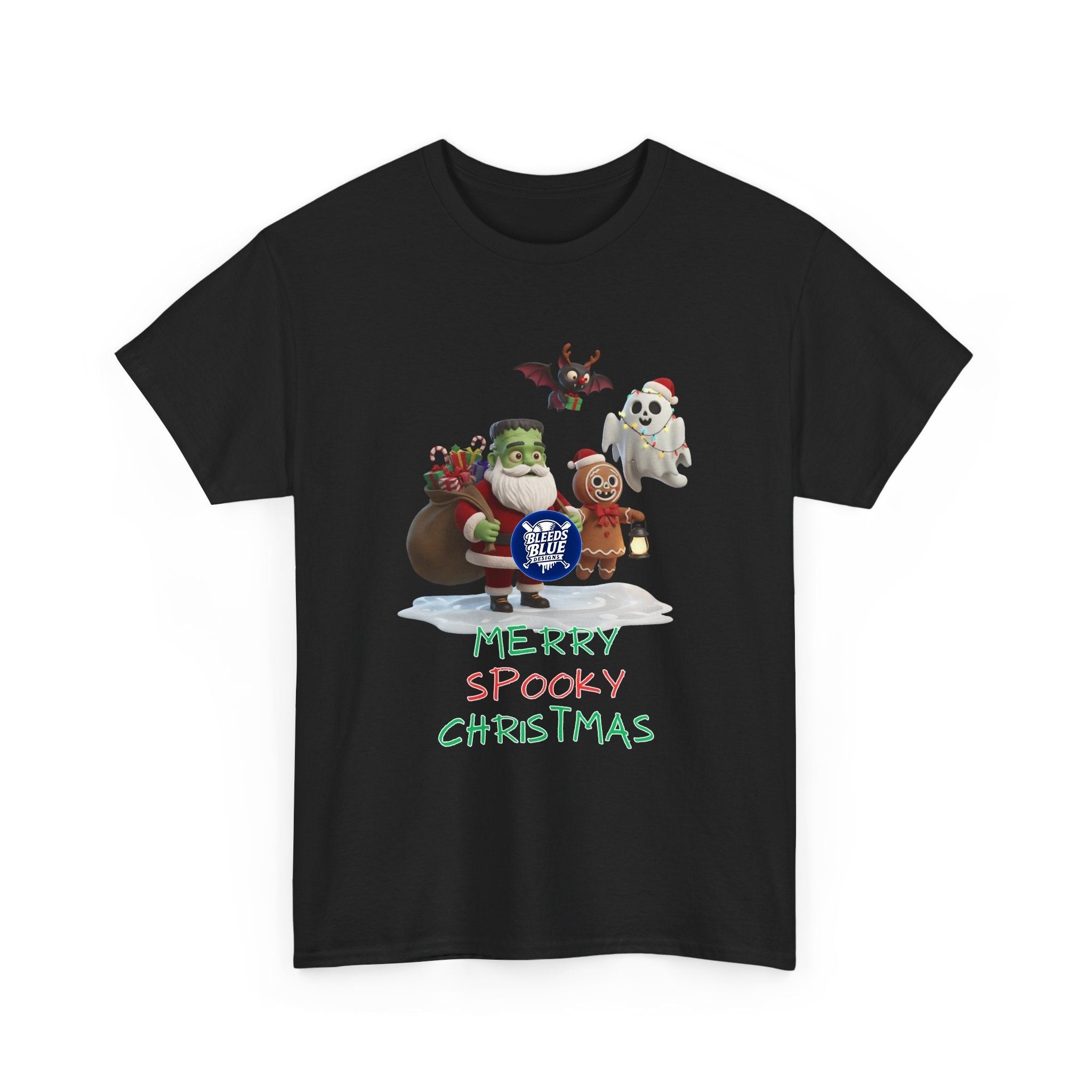 Holiday Merry Spooky Characters Christmas Tee Shirt - Unisex Heavy Cotton Casual Fit