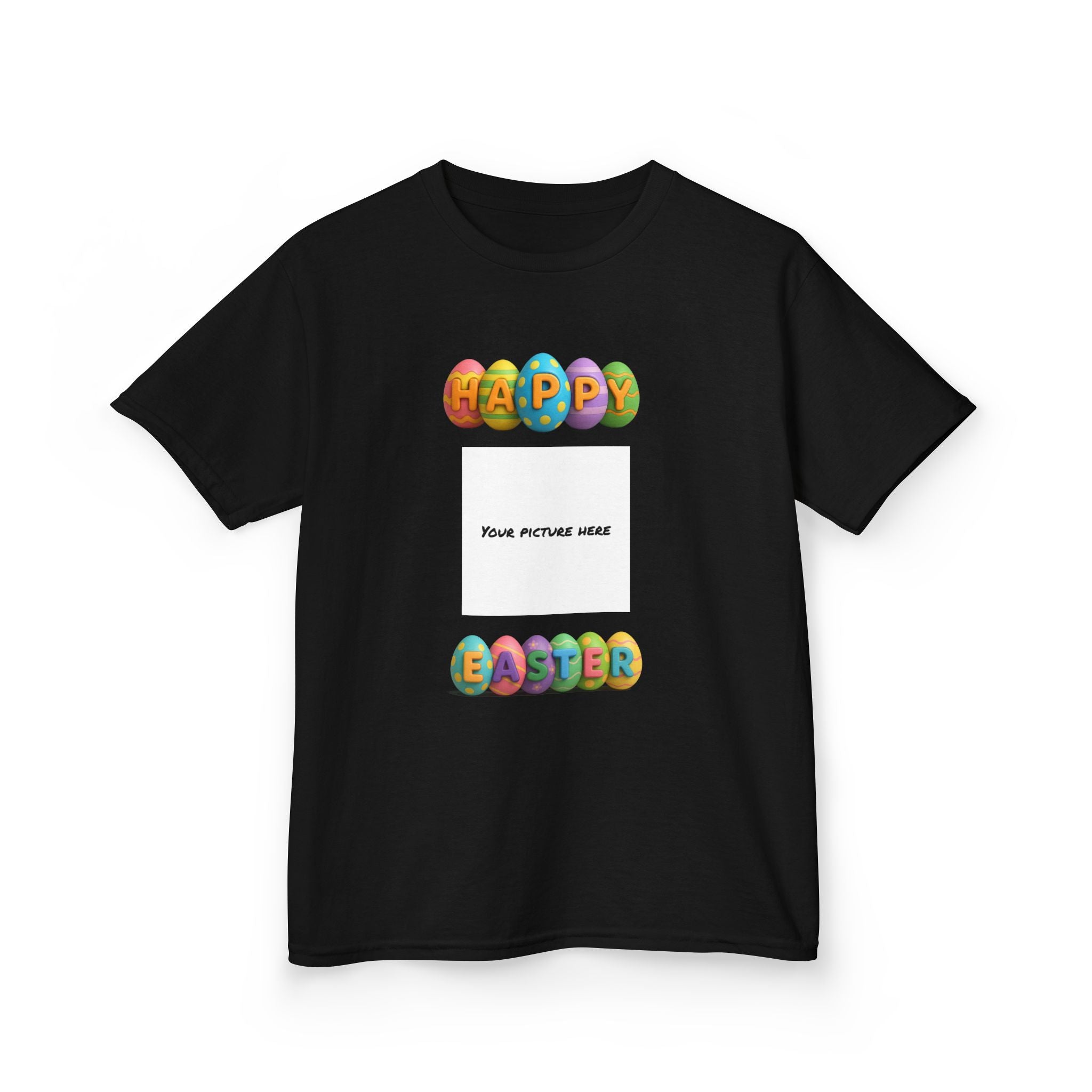 Kids Easter Tee — "Happy Easter" Colorful Egg Letters with Personalized Photo