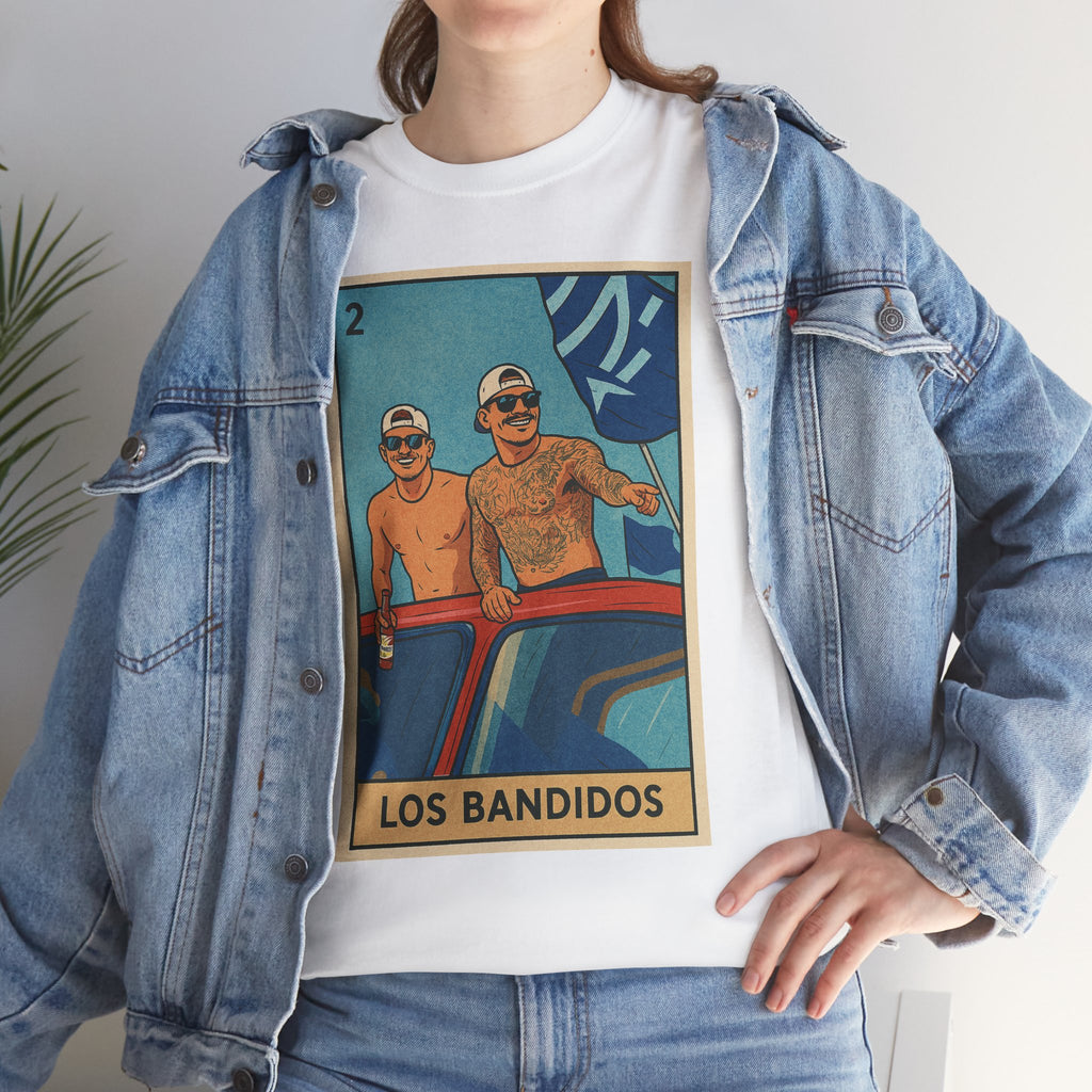 Kike and Banda Los Bandidos Loteria Card Tee Shirt - Unisex Heavy Cotton Tee Casual Fit
