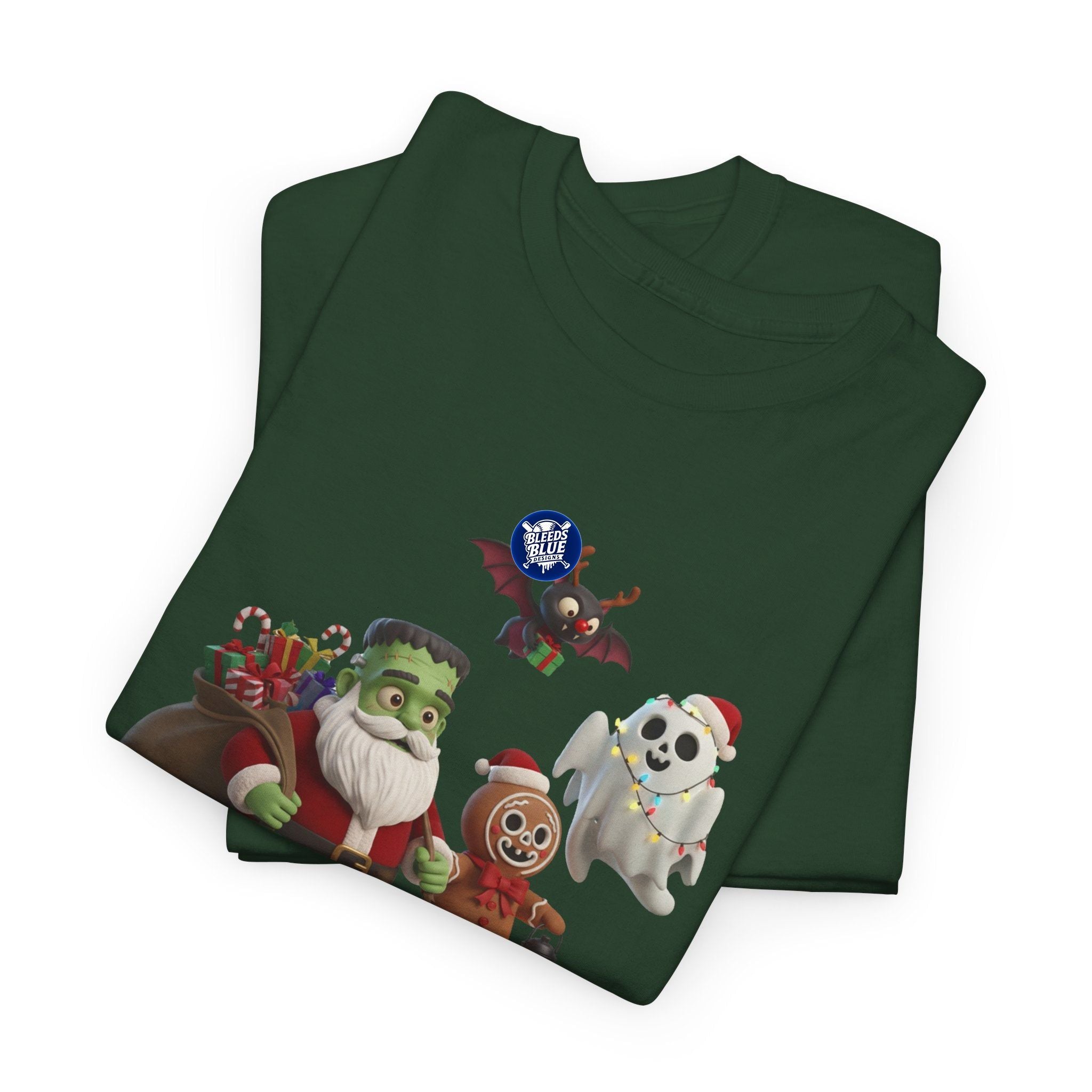 Holiday Merry Spooky Characters Christmas Tee Shirt - Unisex Heavy Cotton Casual Fit
