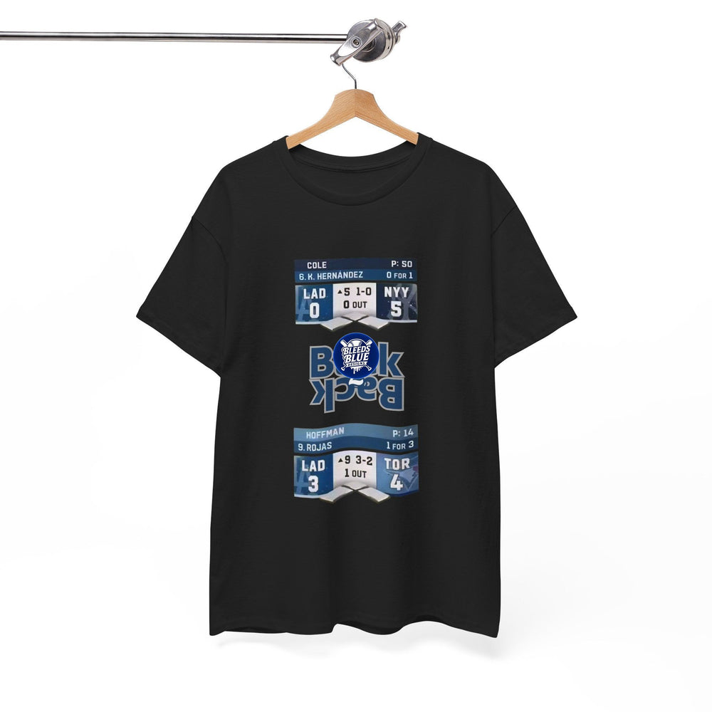 Black t-shirt with sports scoreboard design on a hanger against a white background