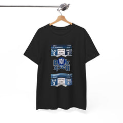 Black t-shirt with sports scoreboard design on a hanger against a white background