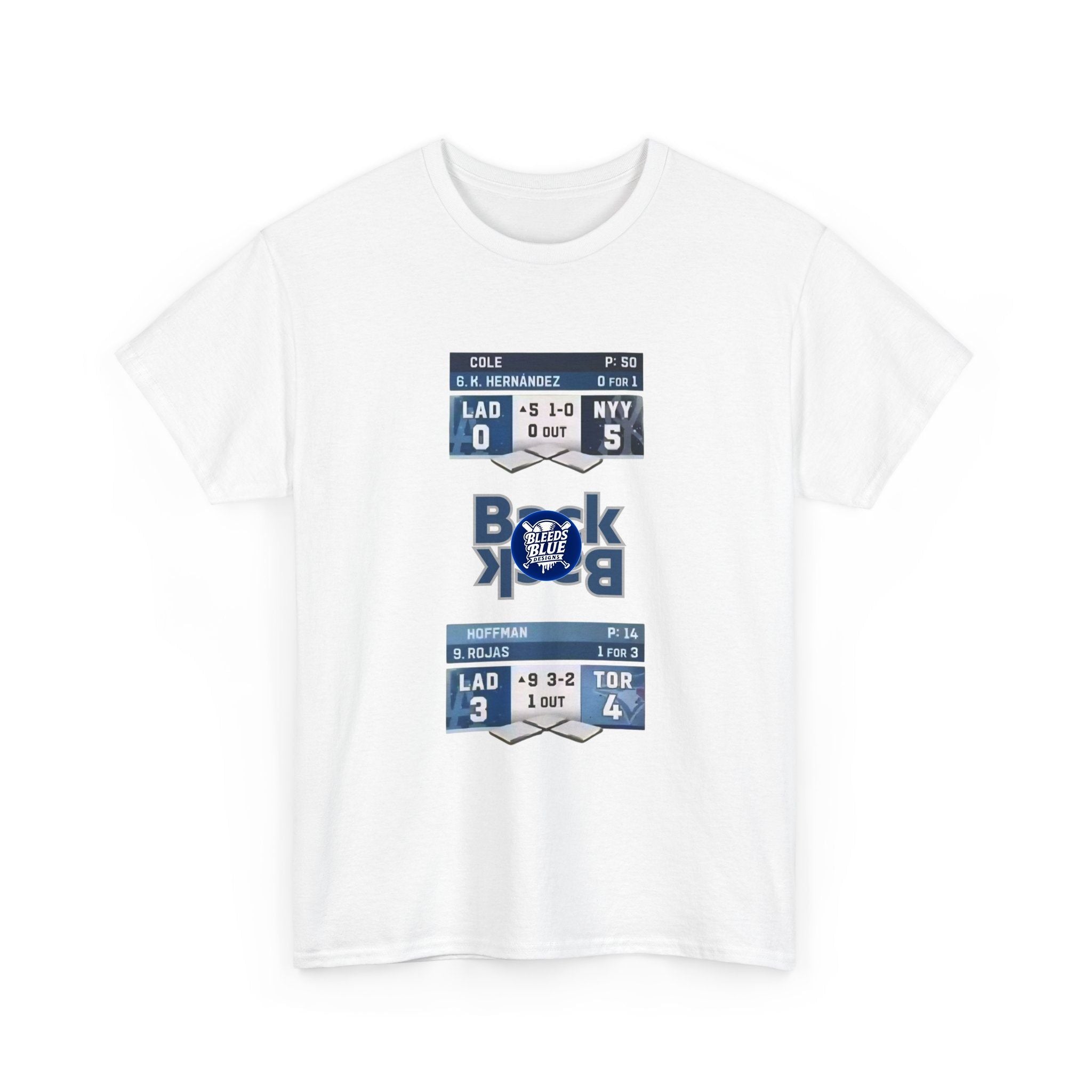 White t-shirt with sports-themed design on a white background