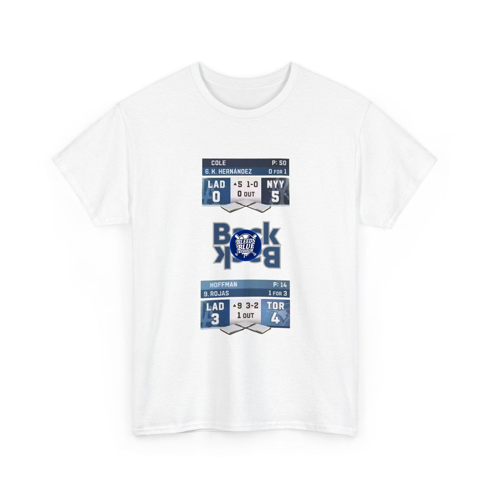 White t-shirt with sports-themed design on a white background