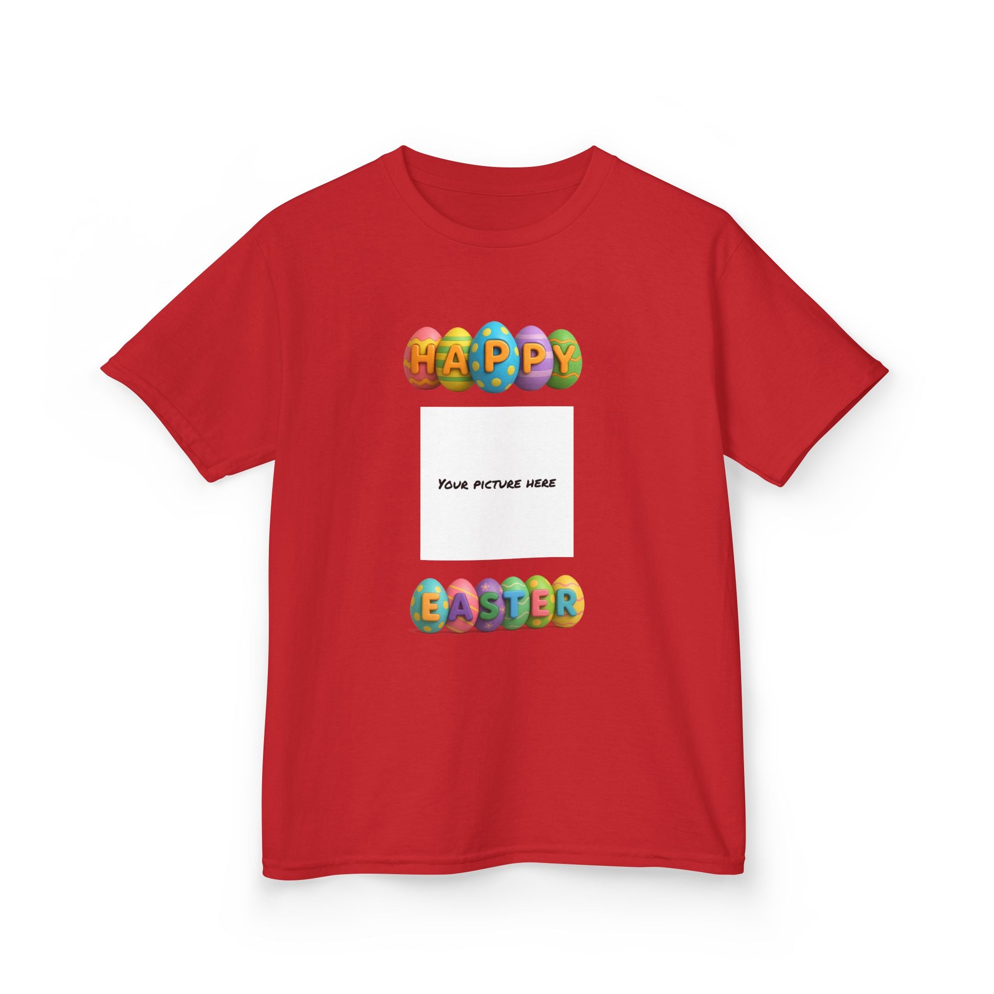 Kids Easter Tee — "Happy Easter" Colorful Egg Letters with Personalized Photo