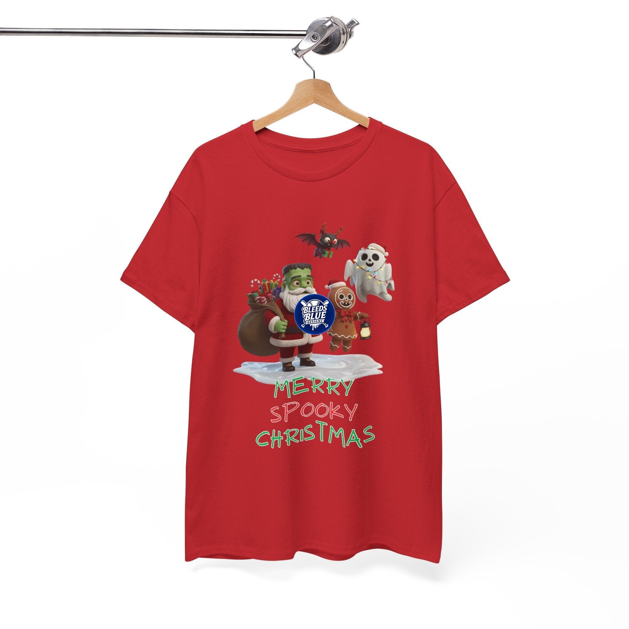 Holiday Merry Spooky Characters Christmas Tee Shirt - Unisex Heavy Cotton Casual Fit