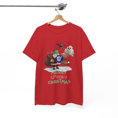 Holiday Merry Spooky Characters Christmas Tee Shirt - Unisex Heavy Cotton Casual Fit