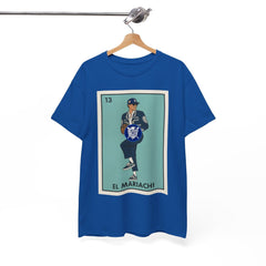 Blue t-shirt with graphic design of a mariachi on a hanger against a white background