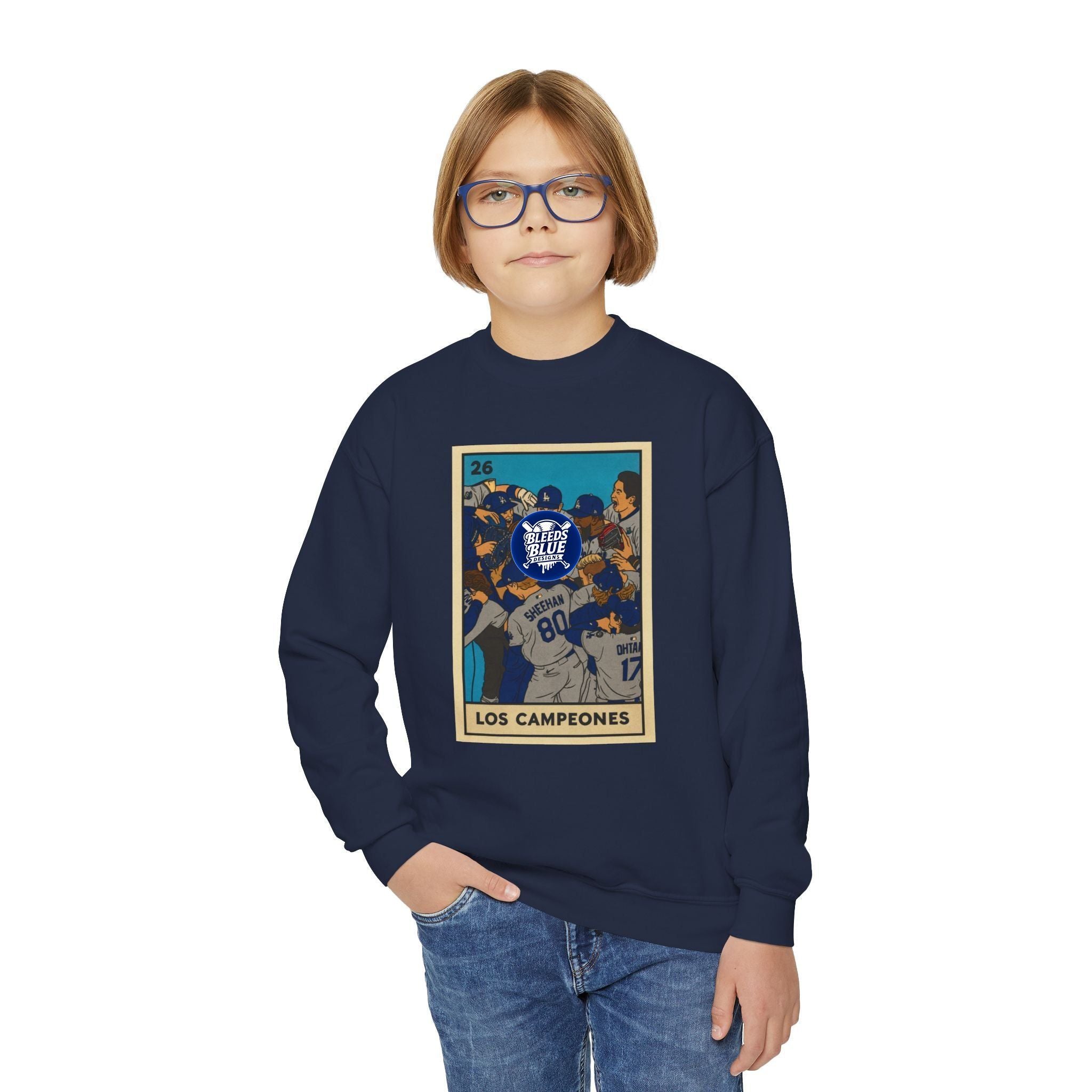 Dodgers "Los Campeones" Loteria Card Kids Sweatshirt - Unisex Crewneck Casual Streetwear