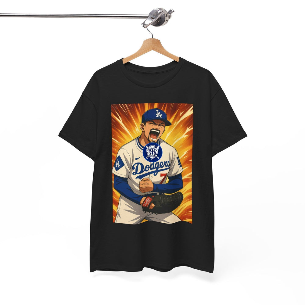 Black t-shirt with a graphic of a baseball player and text on a hanger against a white background