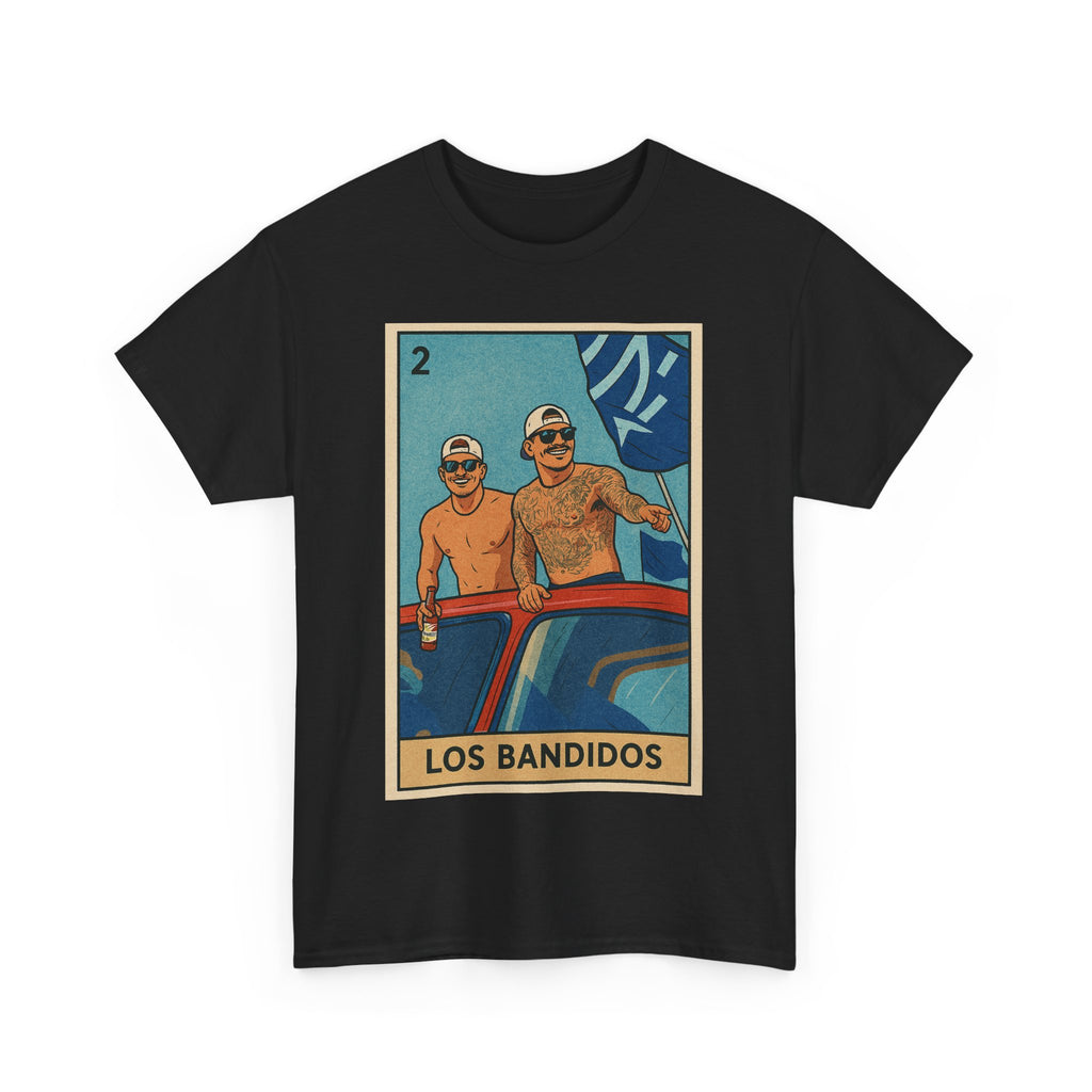 Kike and Banda Los Bandidos Loteria Card Tee Shirt - Unisex Heavy Cotton Tee Casual Fit