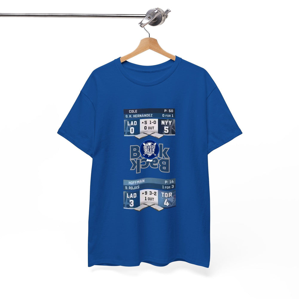 Blue t-shirt with sports-themed design on a hanger against a white background