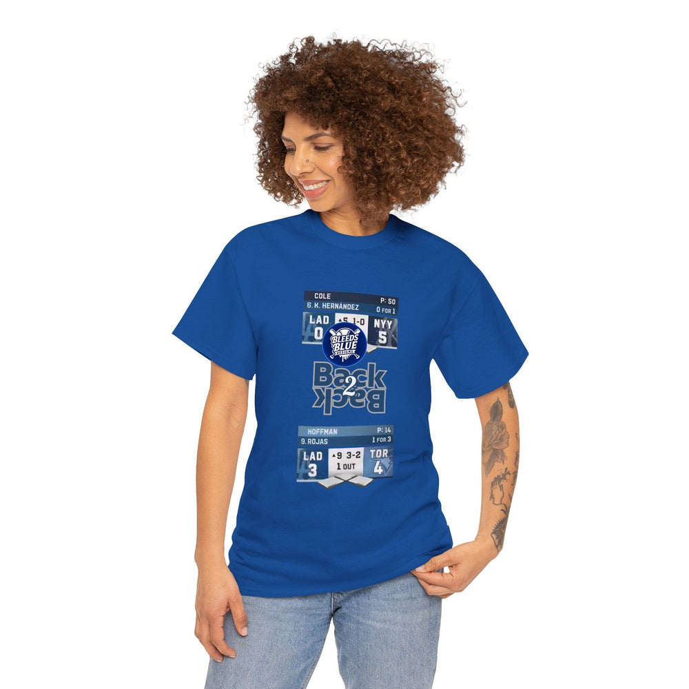 Woman wearing a blue t-shirt with a graphic design on a white background