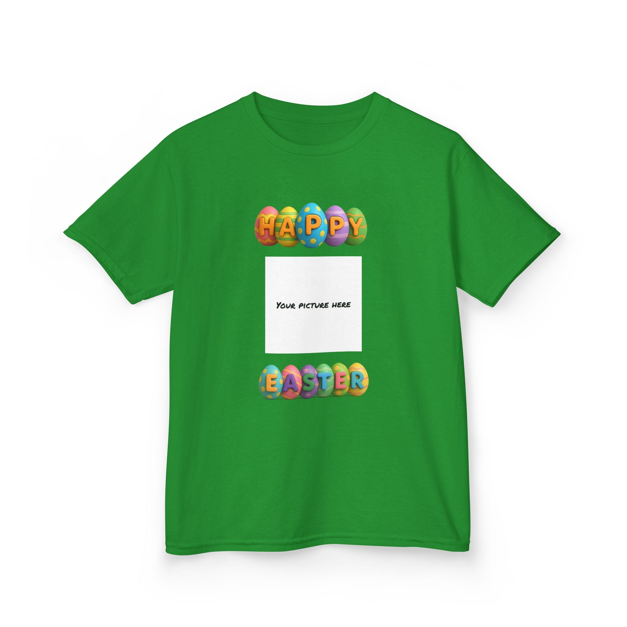 Kids Easter Tee — "Happy Easter" Colorful Egg Letters with Personalized Photo