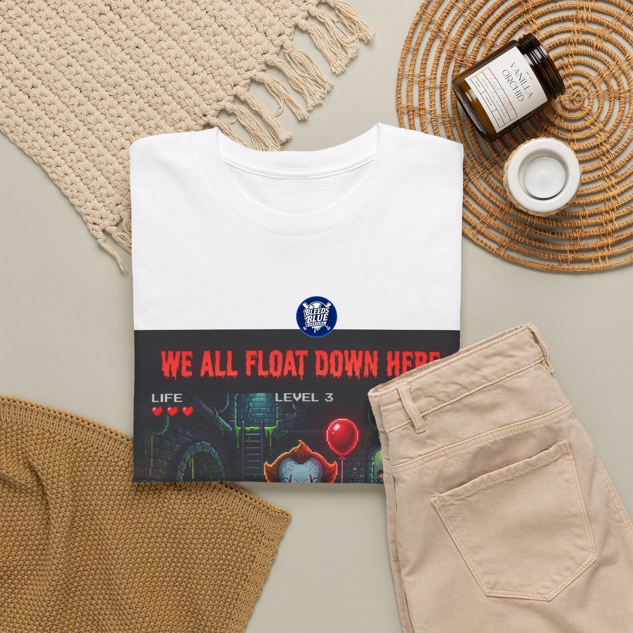 Halloween We All Float Down Here Pennywise Retro Arcade Spooky Season T-Shirt