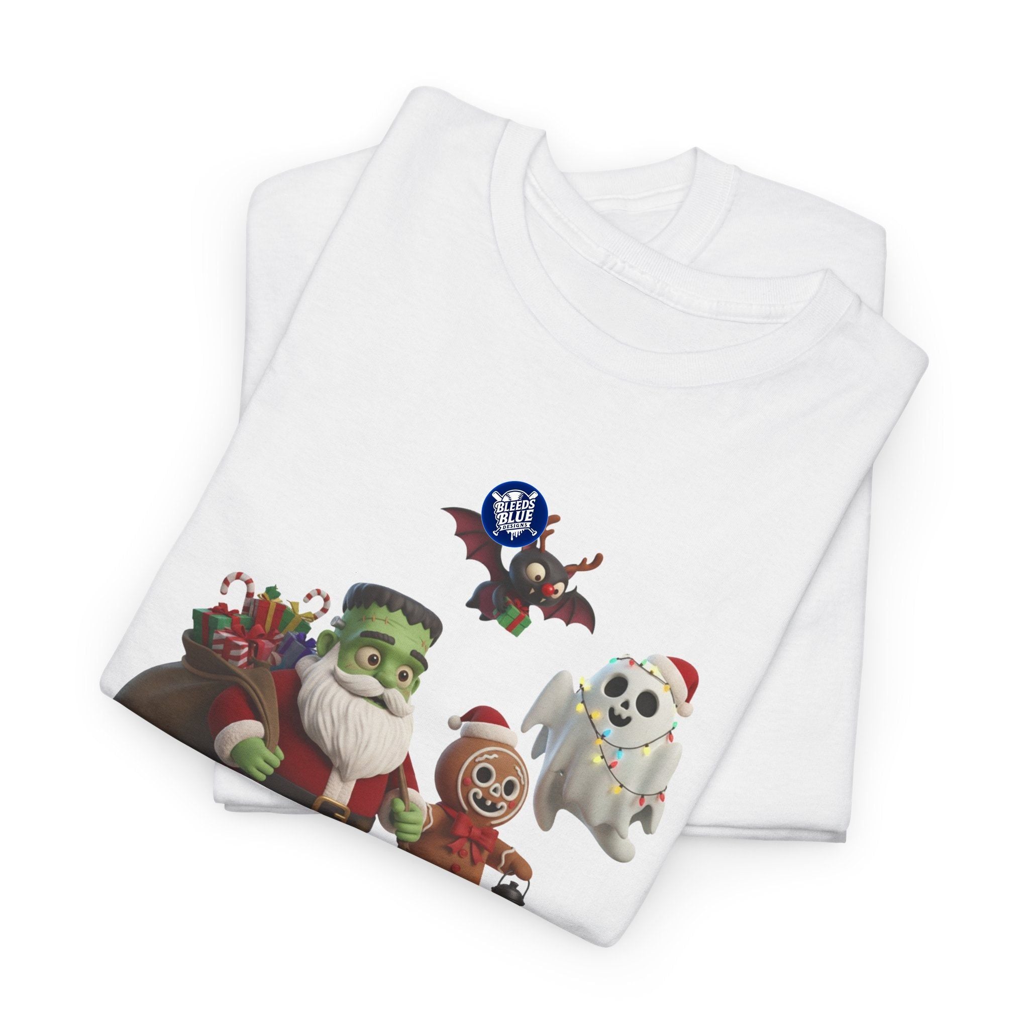 Holiday Merry Spooky Characters Christmas Tee Shirt - Unisex Heavy Cotton Casual Fit