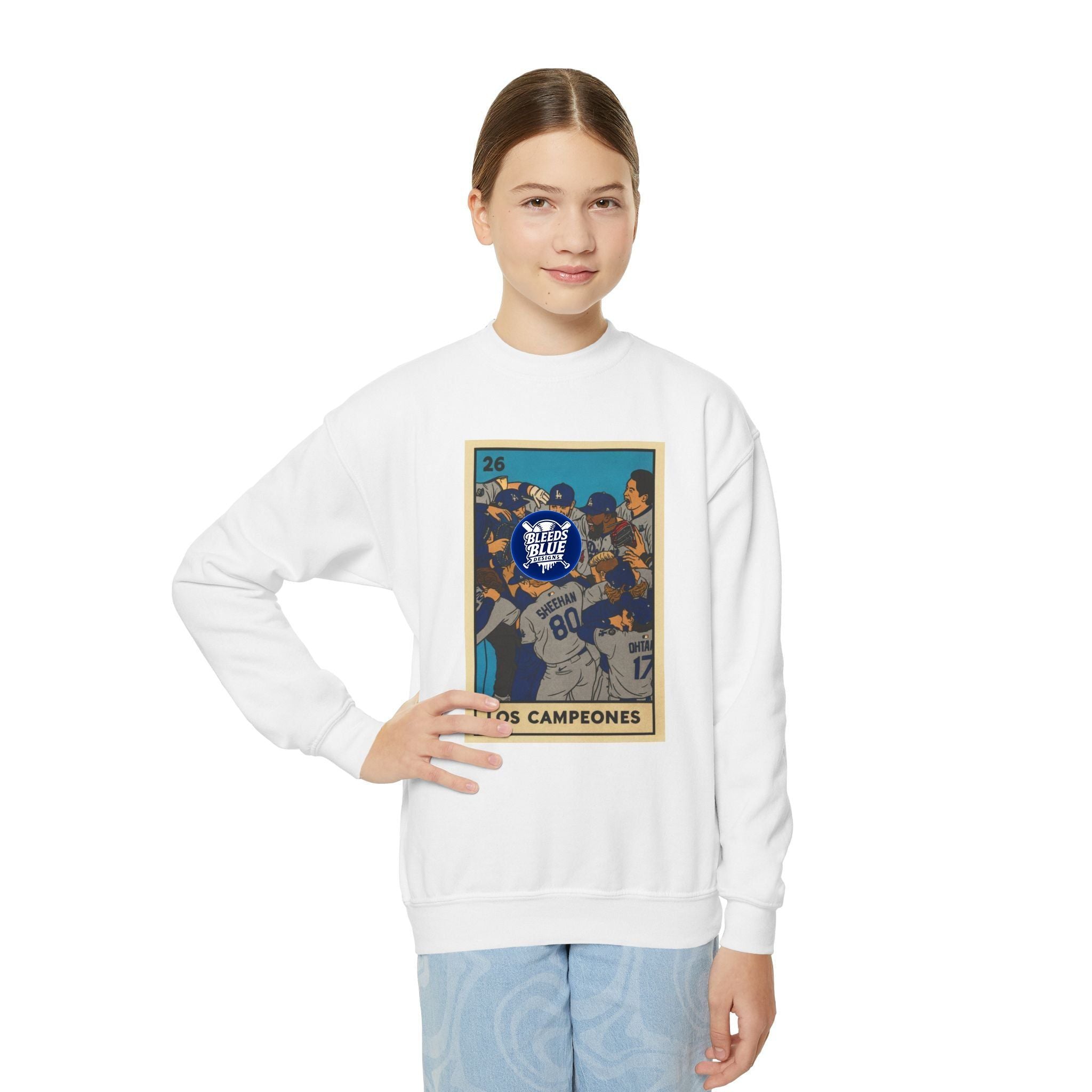 Dodgers "Los Campeones" Loteria Card Kids Sweatshirt - Unisex Crewneck Casual Streetwear