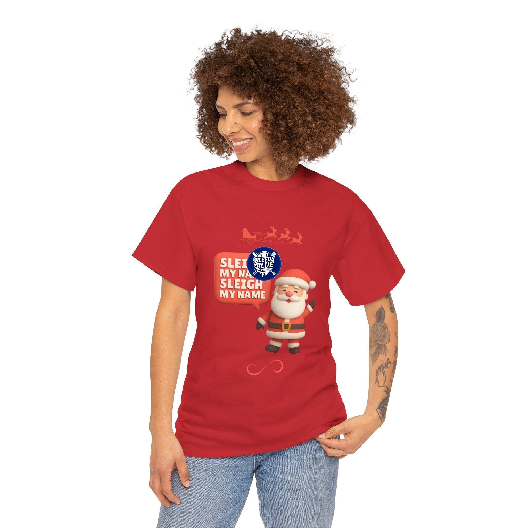 Holiday Santa Sleigh My Name Tee Shirt - Unisex Heavy Cotton Casual Fit