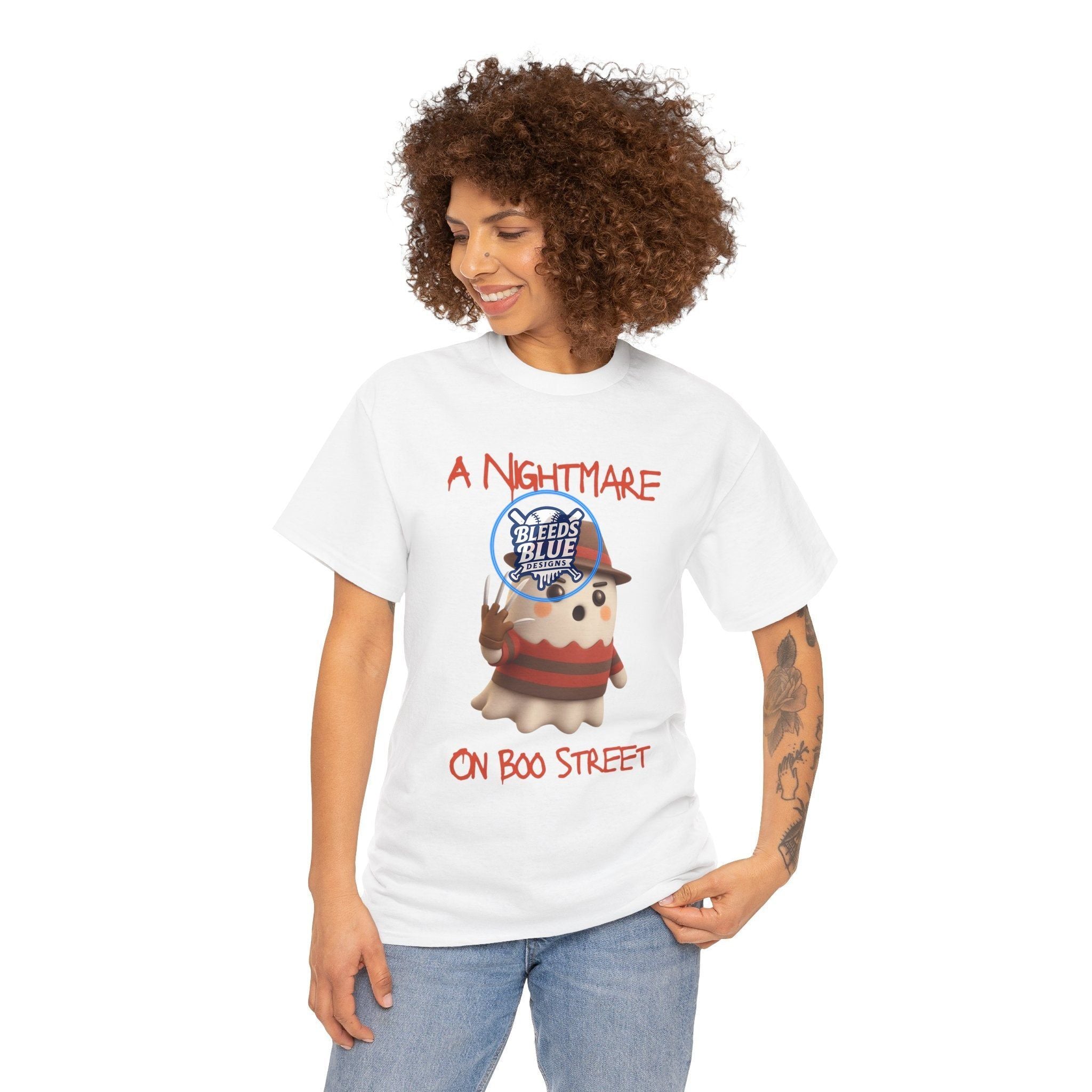 Halloween Spooky A Nightmare On Boo Street Tee Shirt - Unisex Heavy Cotton Casual Fit