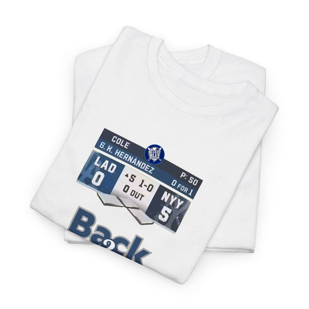 White t-shirt with sports-themed design and text on a white background
