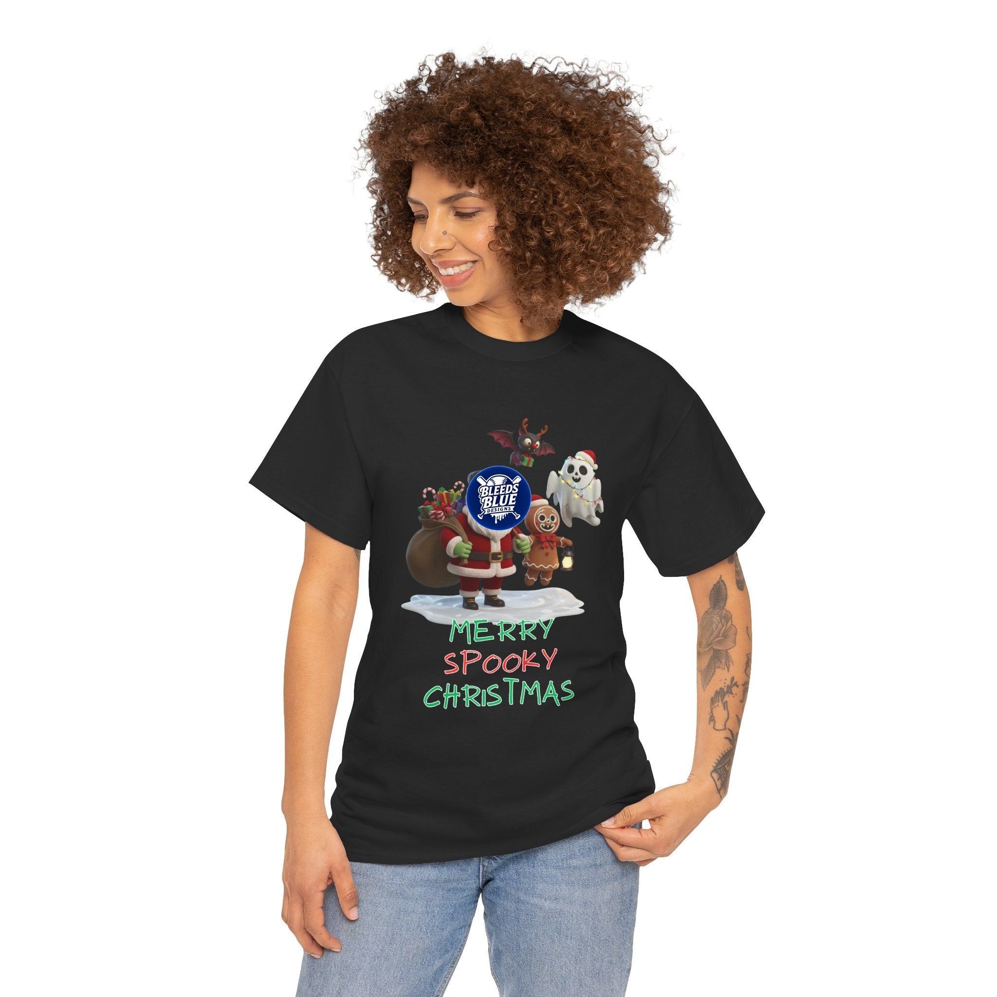 Holiday Merry Spooky Characters Christmas Tee Shirt - Unisex Heavy Cotton Casual Fit