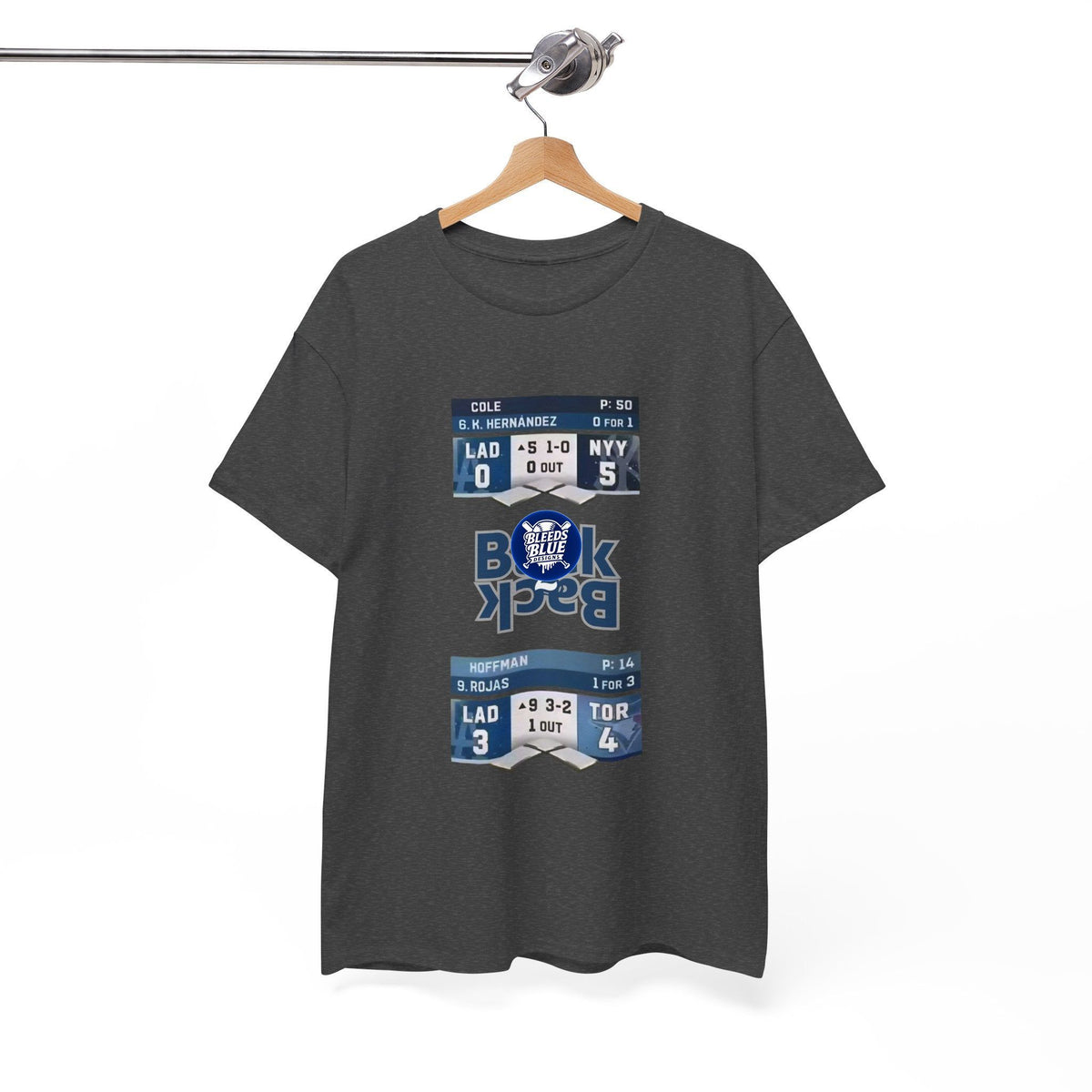 Dark gray t-shirt with sports-themed design on a hanger against a white background