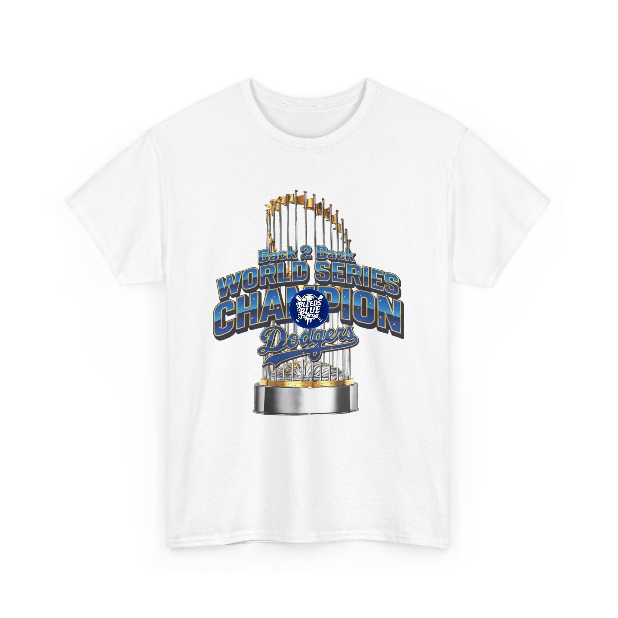 White t-shirt with a World Series Champions trophy graphic on a white background